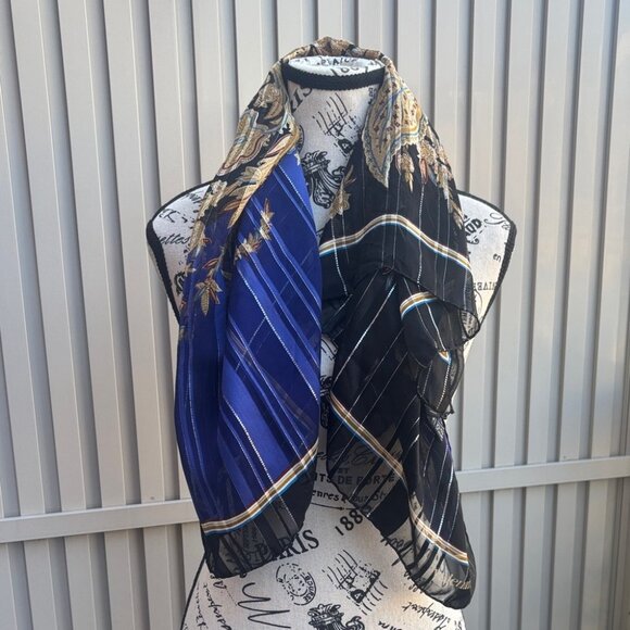 Vintage Valentino 100% Silk Italy Black and Blue Paisley Metallic Striped Scarf - Picture 4 of 10